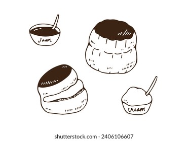 Hand drawn illustration of scones with jam and clotted cream