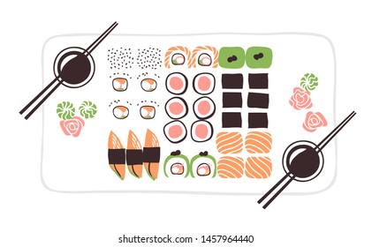 Hand drawn illustration sea food. Creative ink art work Asian dinner. Actual vector drawing sushi roll