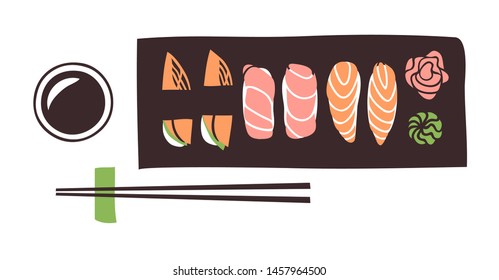 Hand drawn illustration sea food. Creative ink art work Asian dinner. Actual vector drawing sushi roll
