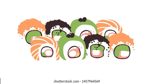 Hand drawn illustration sea food. Creative ink art work Asian dinner. Actual vector drawing sushi roll