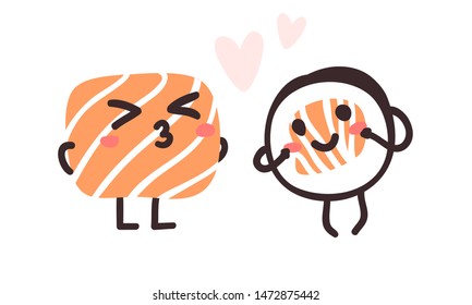Hand drawn illustration sea food emoticon. Creative ink art work Asian dinner. Actual vector drawing sushi roll emoji