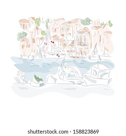 Hand drawn illustration of a seafront.