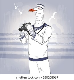 hand drawn illustration of seagull with binoculars, nautical poster, animal character design