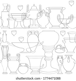 Hand drawn illustration of a seamless pattern with greek antique vessels isolated on white, black and white linear composition