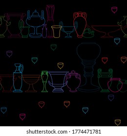 Hand drawn illustration of a seamless pattern with greek antique vessels over a black background, multicolored graphic linear composition