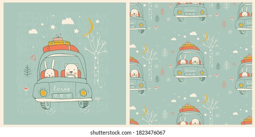 Hand drawn illustration with seamless pattern. Cute friends bear and bunny .Baby animals traveling in the car.  Can be used for t-shirt print, kids wear fashion design