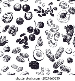 Hand drawn illustration, seamless pattern with nuts and dried fruits