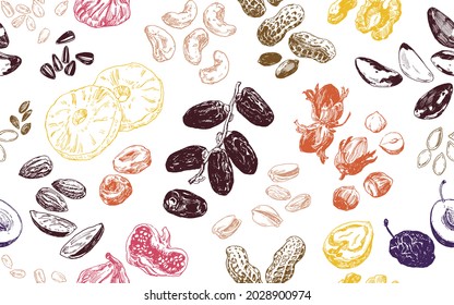 Hand drawn illustration, seamless pattern with nuts, seeds and dried fruits