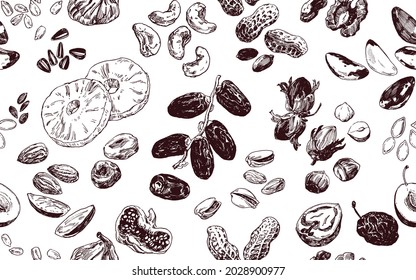 Hand drawn illustration, seamless pattern with nuts, seeds and dried fruits