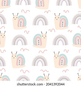 Hand drawn illustration and seamless pattern with cute snails and rainbow. Vector baby illustration in scandinavian simple hand drawn style digital paper