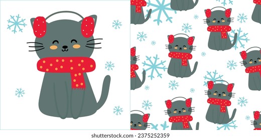 Hand drawn illustration and seamless pattern with cartoon cats wearing scarves winter and christmas elements