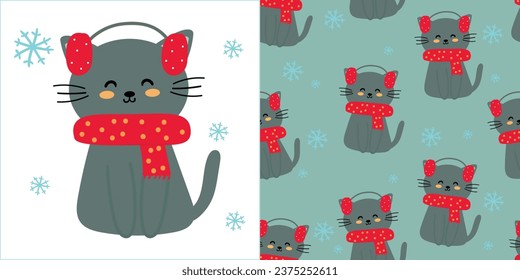 Hand drawn illustration and seamless pattern with cartoon cats wearing scarves winter and christmas elements