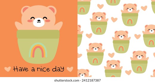 Ilustración dibujada a mano y patrón sin fisuras con osos tiernos