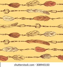 Hand drawn illustration. Seamless pattern with feathers and beads. Tribal design element. Vector