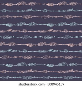 Hand drawn illustration. Seamless pattern with feathers and beads on blue background. Tribal design element. Vector