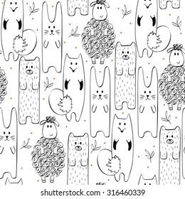  Hand Drawn  illustration. Seamless pattern with cartoon animals.