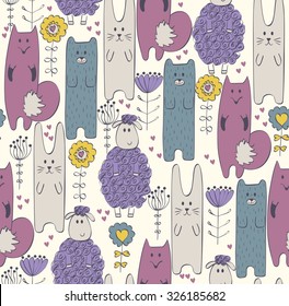 Hand Drawn  illustration. Seamless pattern with cartoon animals.
