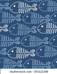 Hand drawn illustration. Seamless pattern of fish skeletons. Vector illustration