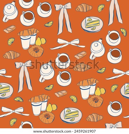 Hand drawn illustration seamless pattern. Sketch style party wedding and picnic illustrations. Vectors of bows, croissant, Illustrations for invitations, menus and parties. La dolce vita italian style