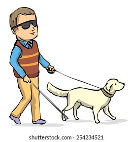 Hand drawn illustration of a Seeing Eye Dog Guiding a Blind Man. Isolated on white.