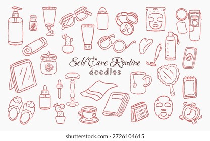 Ilustração desenhada à mão de itens de rotina de autocuidado para bem-estar e hábitos diários. Adequado para planejadores, jornais, blogues de estilo de vida e conteúdo de saúde mental com um estilo de rabiscar calmo e apelo visual aconchegante.