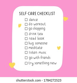 Hand drawn illustration of self-care checklist on pink background.