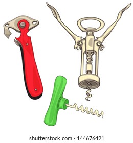 Hand drawn illustration of a series of openers for bottles and cans isolated on white