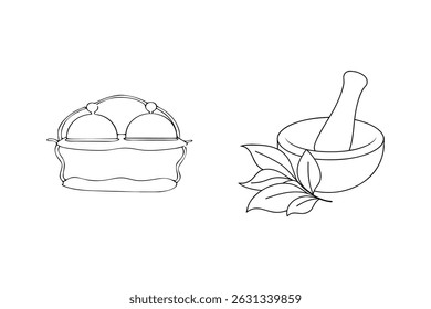 Ilustração desenhada à mão de um prato de servir uma argamassa e pilão com folhas de ervas