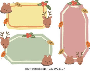 Hand drawn illustration set of autumn frame of deer, bear and tree leaves