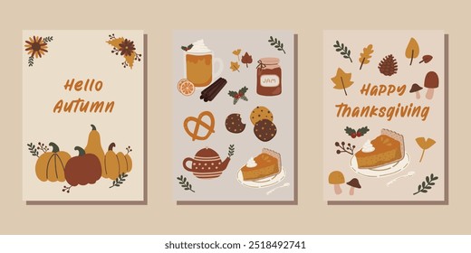 Hand drawn illustration set of Autumn Fall Thanksgiving greeting cards and posters collection. Cozy cafe bakery food and harvest pumpkins and leaves elements. For scrapbooking, invitation. A4 format