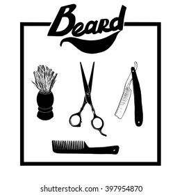 Hand drawn illustration set of Barber materials, isolated on a background. Vector hipster Barber shop logo, icon. Beard, scissors, comb ,razor, shaving brush.