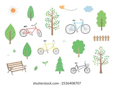 Conjunto de ilustración dibujado a mano de bicicleta, árbol y banco