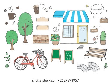 Hand drawn illustration set of cafe, bicycle and bench