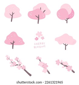 Hand drawn illustration set of cherry blossom in bloom.