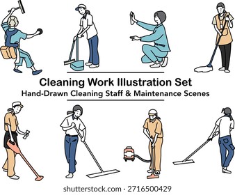 Hand drawn illustration set of cleaning staff working with mops and cleaning tools in maintenance and janitorial scenes