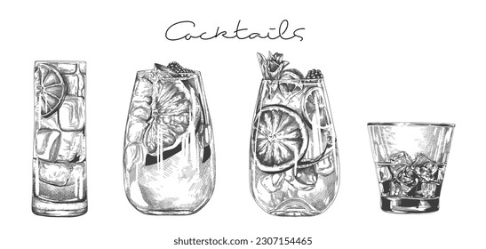 Hand drawn illustration of set of cocktails.