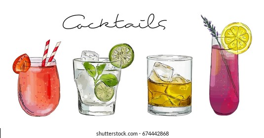 Hand drawn illustration of set of cocktails.