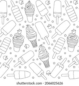 Hand drawn illustration set.Ice cream seamless pattern on white background. Ice cream doodle illustration background.