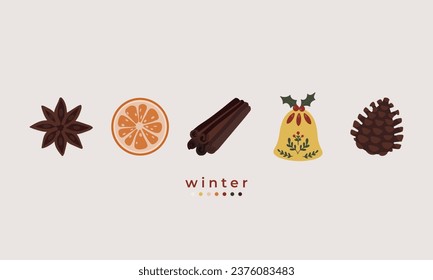 hand drawn illustration set of cute winter spices and decorative elements: star anise, orange, cinnamon, bell, pine. For winter poster, card, scrapbooking , tag, invitation, headboard