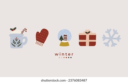 hand drawn illustration set of cute winter decorative elements: warm cocoa, glove, snow globe, present, snow flake. For winter poster, card, scrapbooking , tag, invitation, headboard