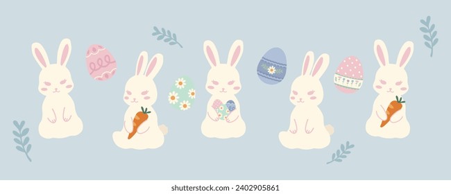 Hand drawn illustration set of cute easter bunny rabbit in different poses and easter eggs decorative elements. For poster, card, scrapbooking , tag, invitation, headboard