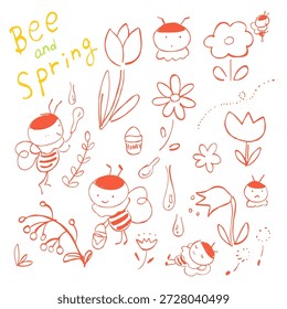 ilustração desenhada à mão conjunto de personagens de abelhas de mel bonitos e flores de primavera como tulipas e margaridas em um estilo de doodle quente