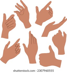 hand drawn illustration set of differnt hand gesture. Hand showing signal, sign collection and holding object, on white background isolated vector illustration