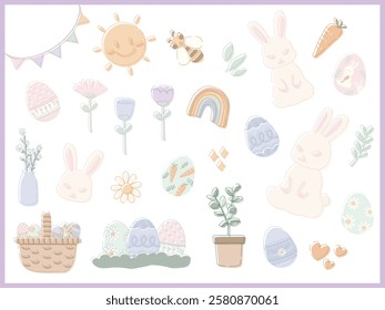 hand drawn illustration of a set of Easter holiday sticker pack design elements. Cute elements doodle collection in flat style. For poster, card, scrapbooking, invitation, graphic, social media