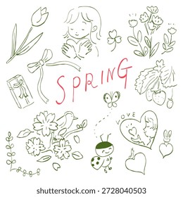 Handgezeichnete Illustration Set mit Frühlingselementen wie Sakura Blumen Erdbeeren Schmetterling und ein Mädchen, das ein Herz hält