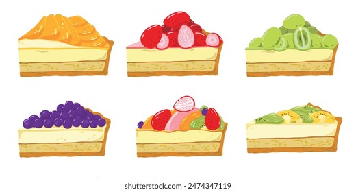 Hand drawn illustration set of fruit tarts with different fruit variations