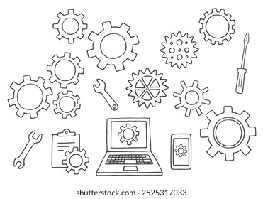 Hand drawn illustration set of gears