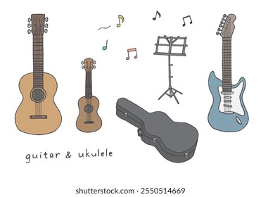 Hand drawn illustration set of guitar and ukulele