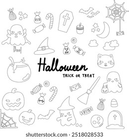 hand drawn illustration set of halloween holiday festive sticker pack black line drawing. Cute halloween elements doodle in flat style design. For poster, card, scrapbooking, invitation, graphic