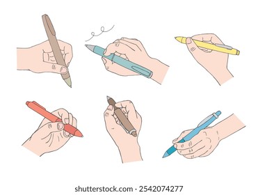 Hand drawn illustration set of hands holding pens